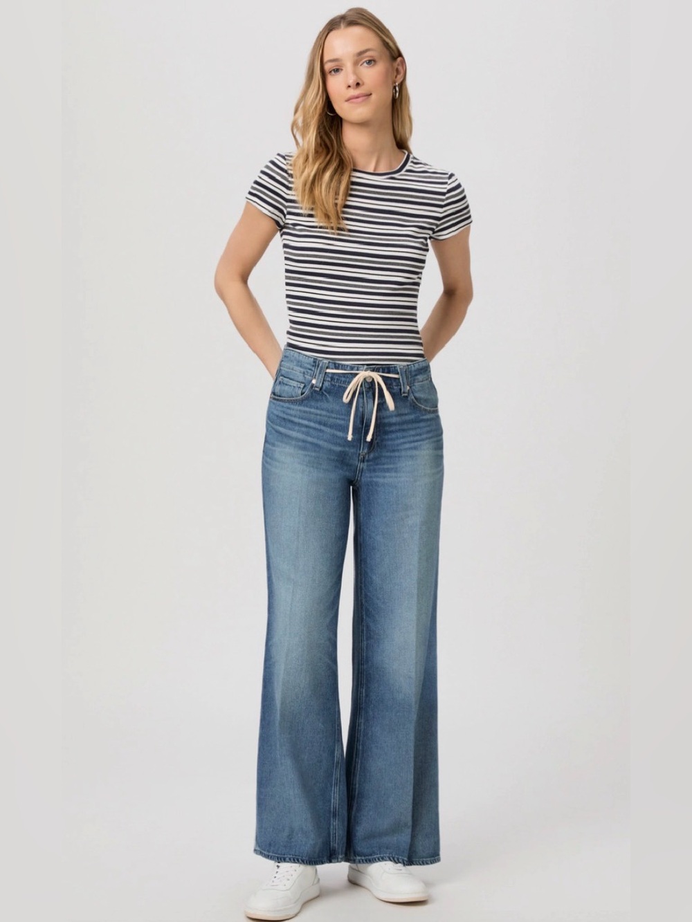 PAIGE Blue Wide-Leg Flare Jeans with Drawstring - Picture 1 of 6
